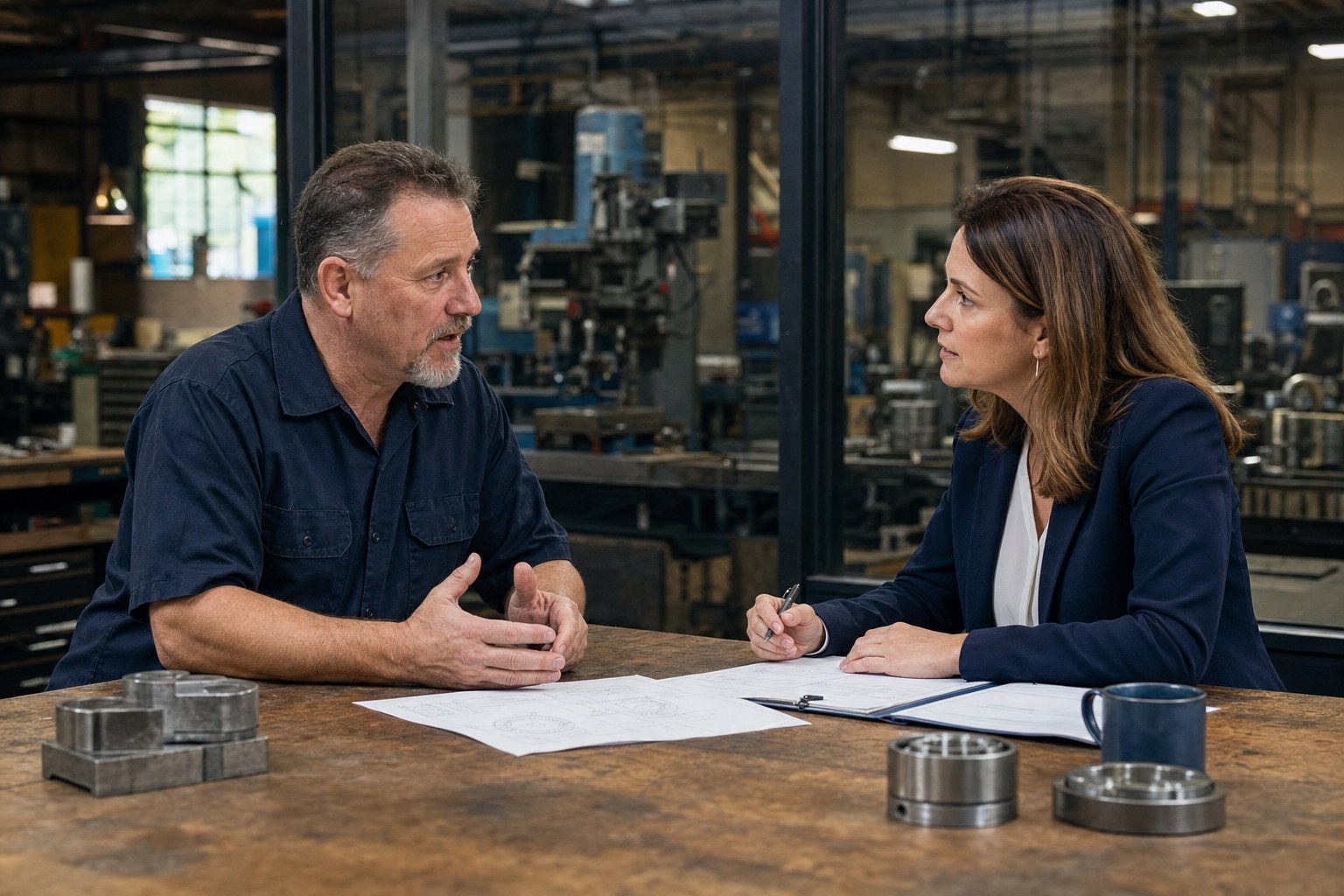 Business owner and financial adviser talking in a manufacturing setting