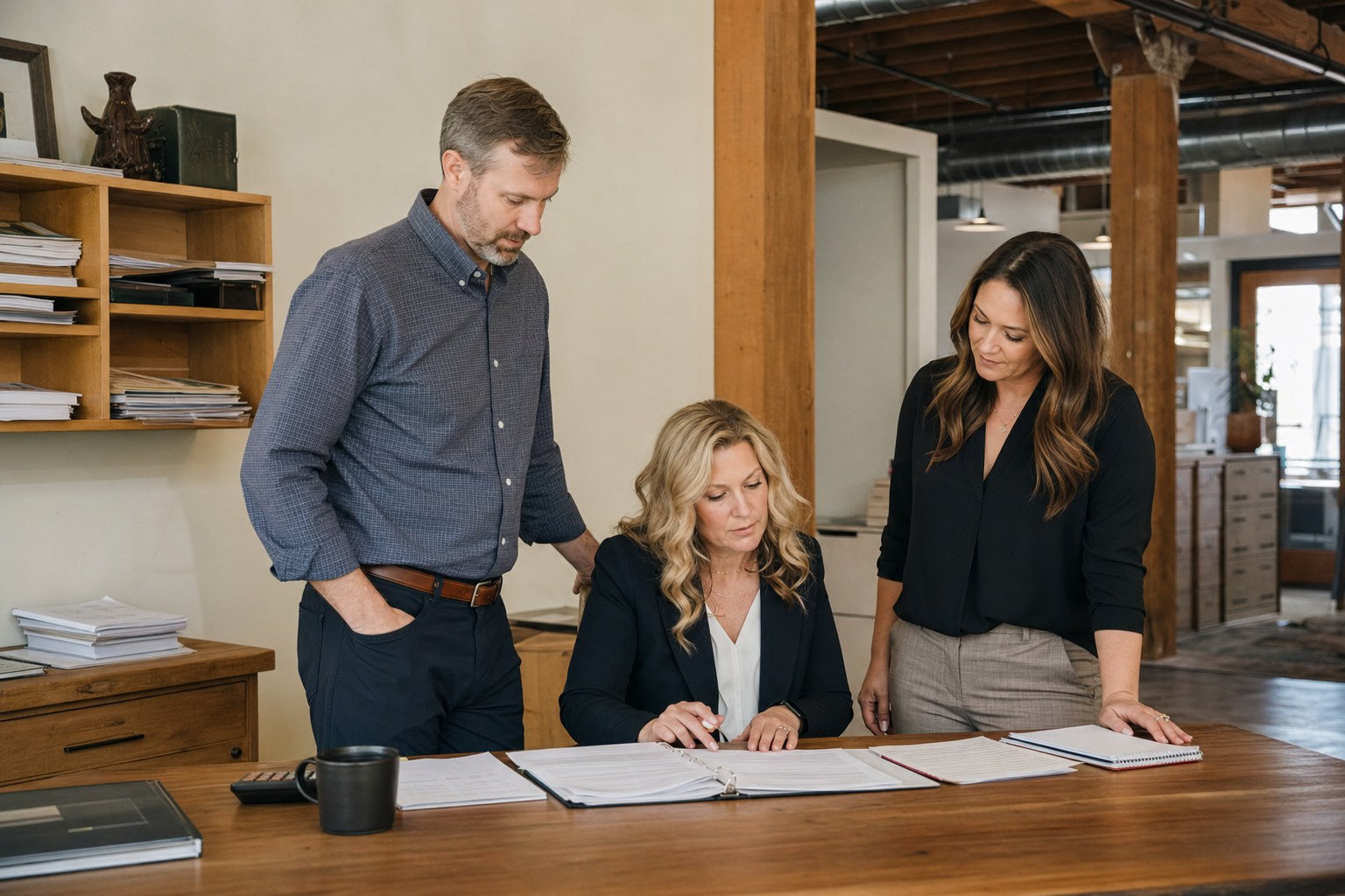 Three financial planning professionals working together in an office